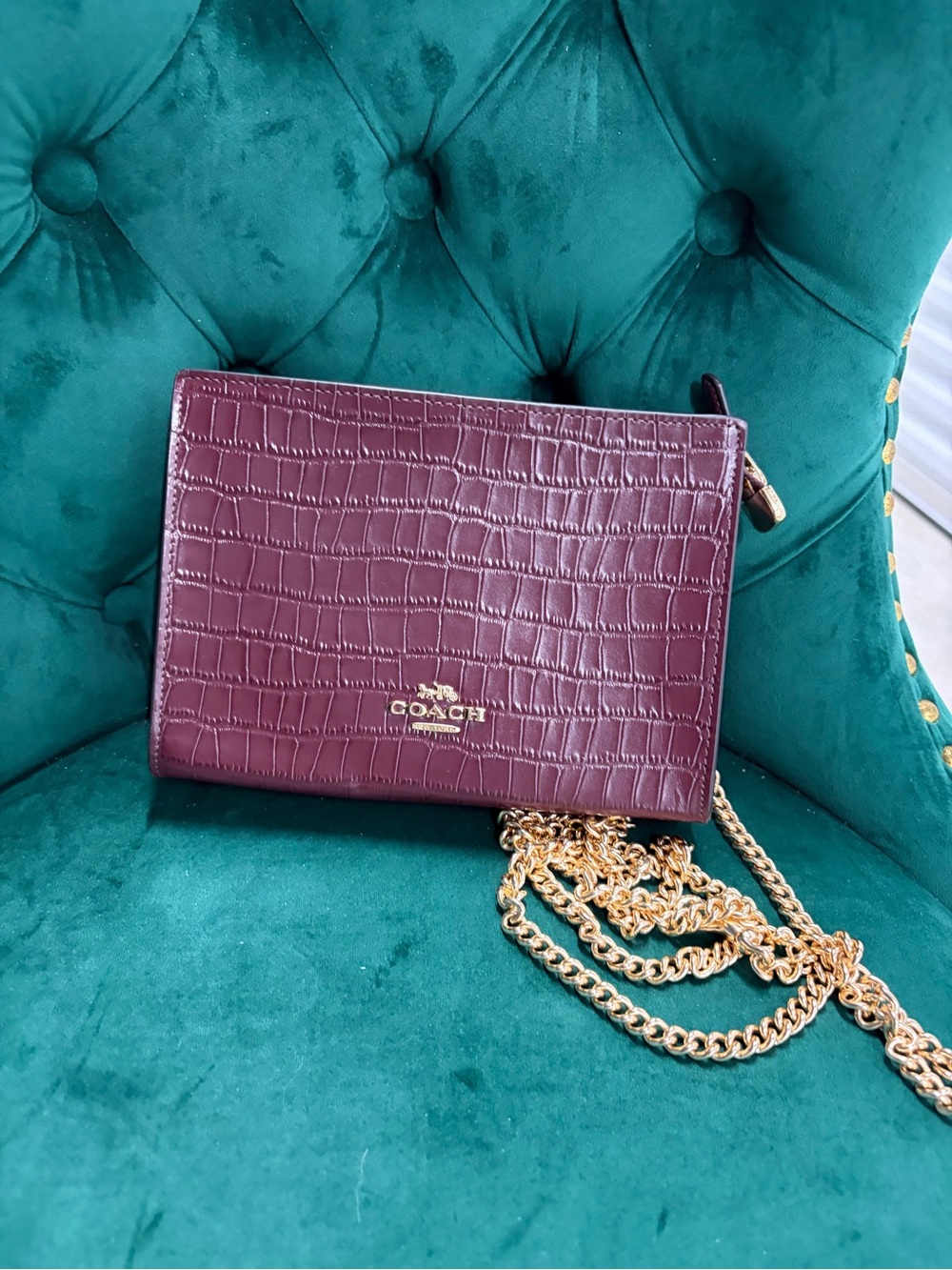 Coach Croc-Embossed Crossbody Bag in Plum with Gold Chain